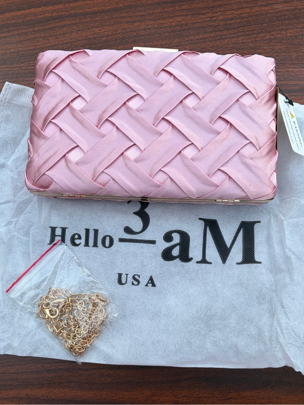 Hello 3AM Pink Satin Woven Clutch Crossbody Gold Chain Evening Bag NWT